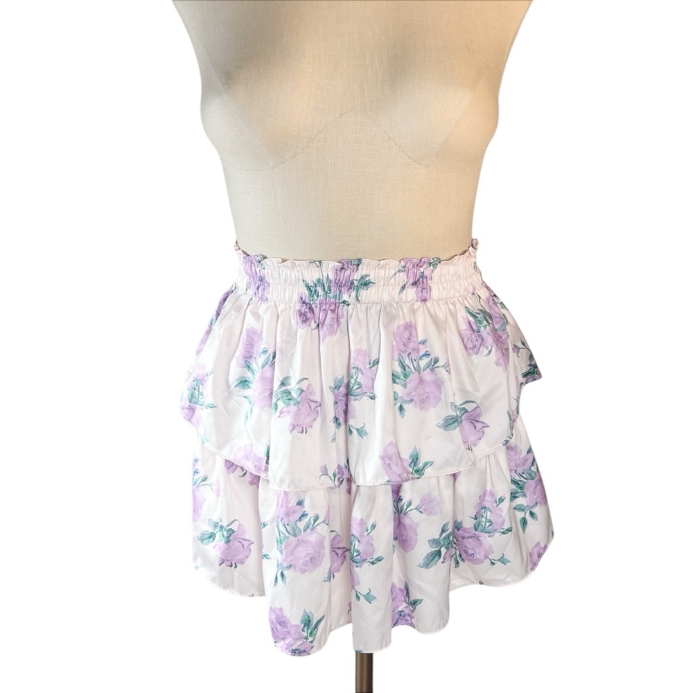 LoveShackFancy Satin Tiered Mini Skirt Sz XS Blush Pink with Purple Roses EUC